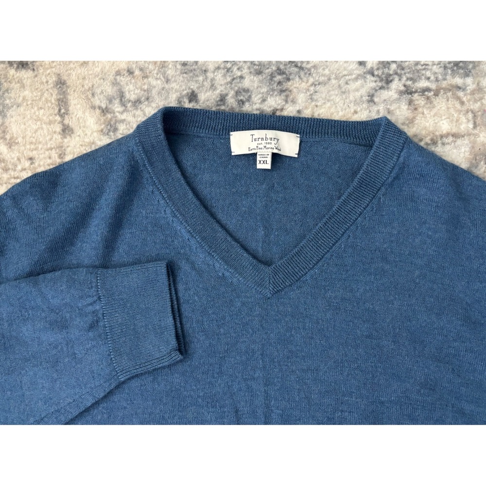 Turnbury Sweater Men's 2XL XXL Extra Fine Merino‎ Wool Blue V Neck Classic Knit